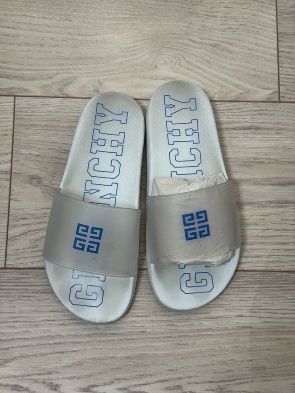 Givenchy White Slides with Gray Strap and Blue Logo
